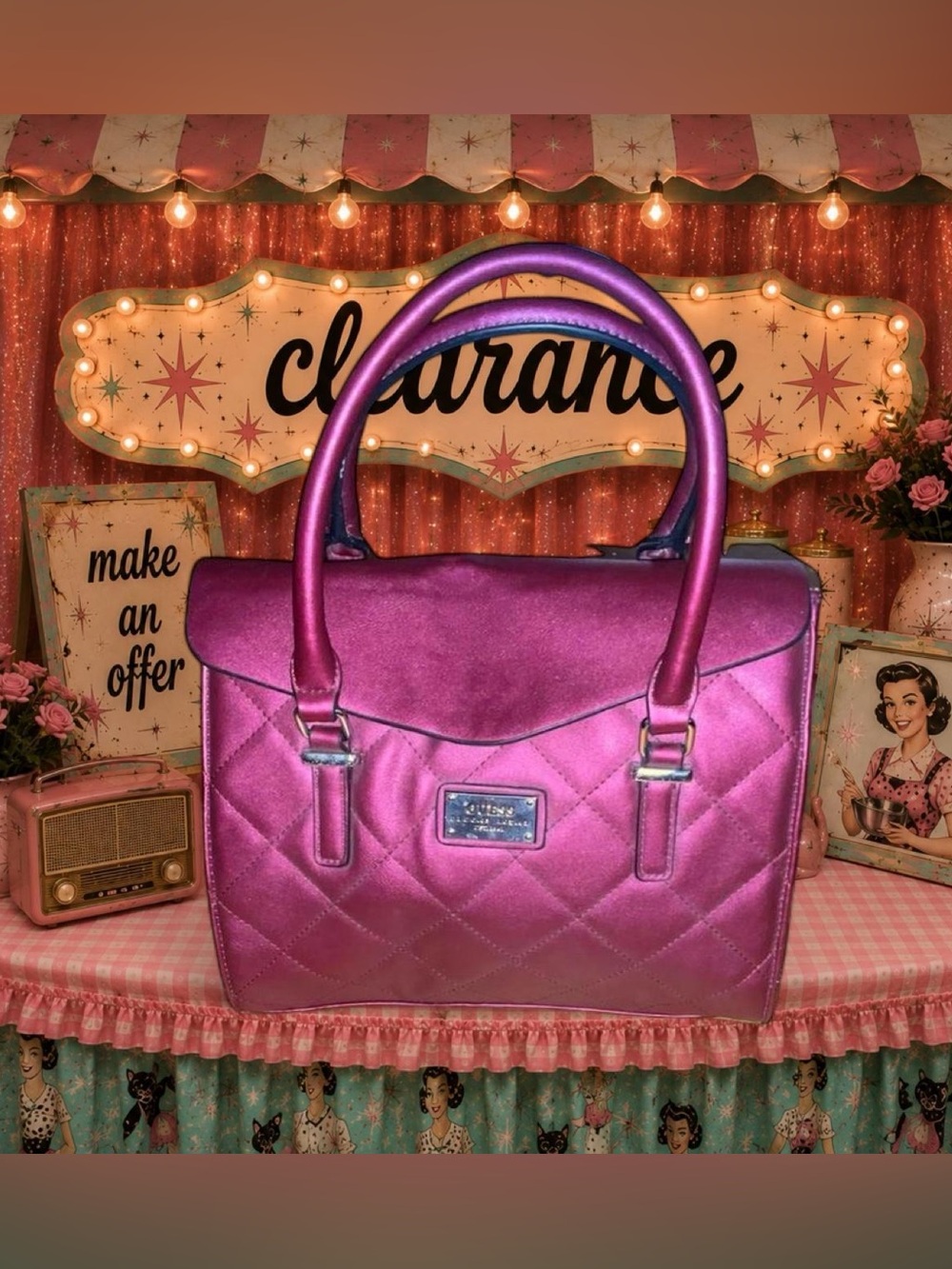 Guess Metallic Fuchsia Quilted Satchel